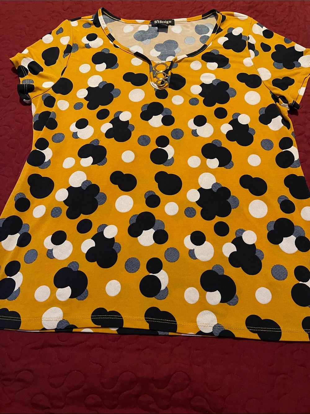 Mustard Polka-Print Short Sleeve Tee with Ring Detail